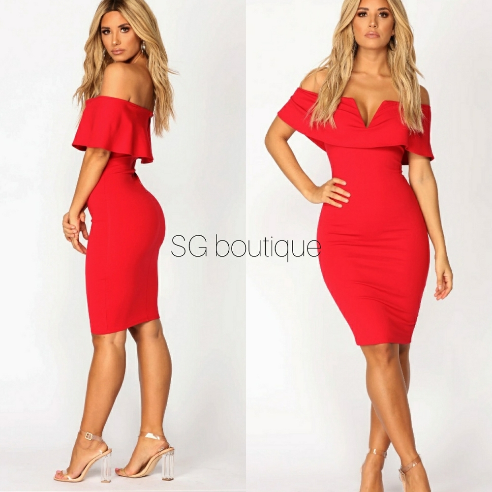 🆕⭐Red off shoulder pencil midi dress